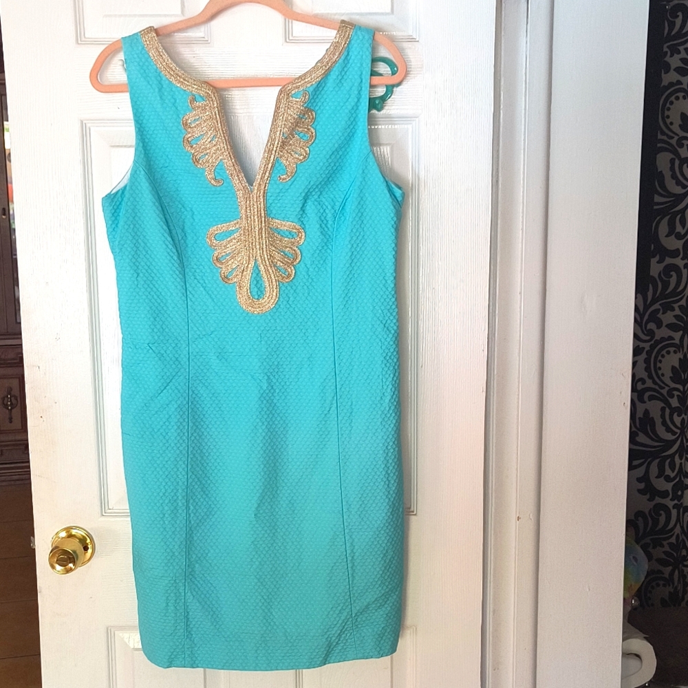 Janice Lilly Pulitzer Shift Dress Turquoise and Gold